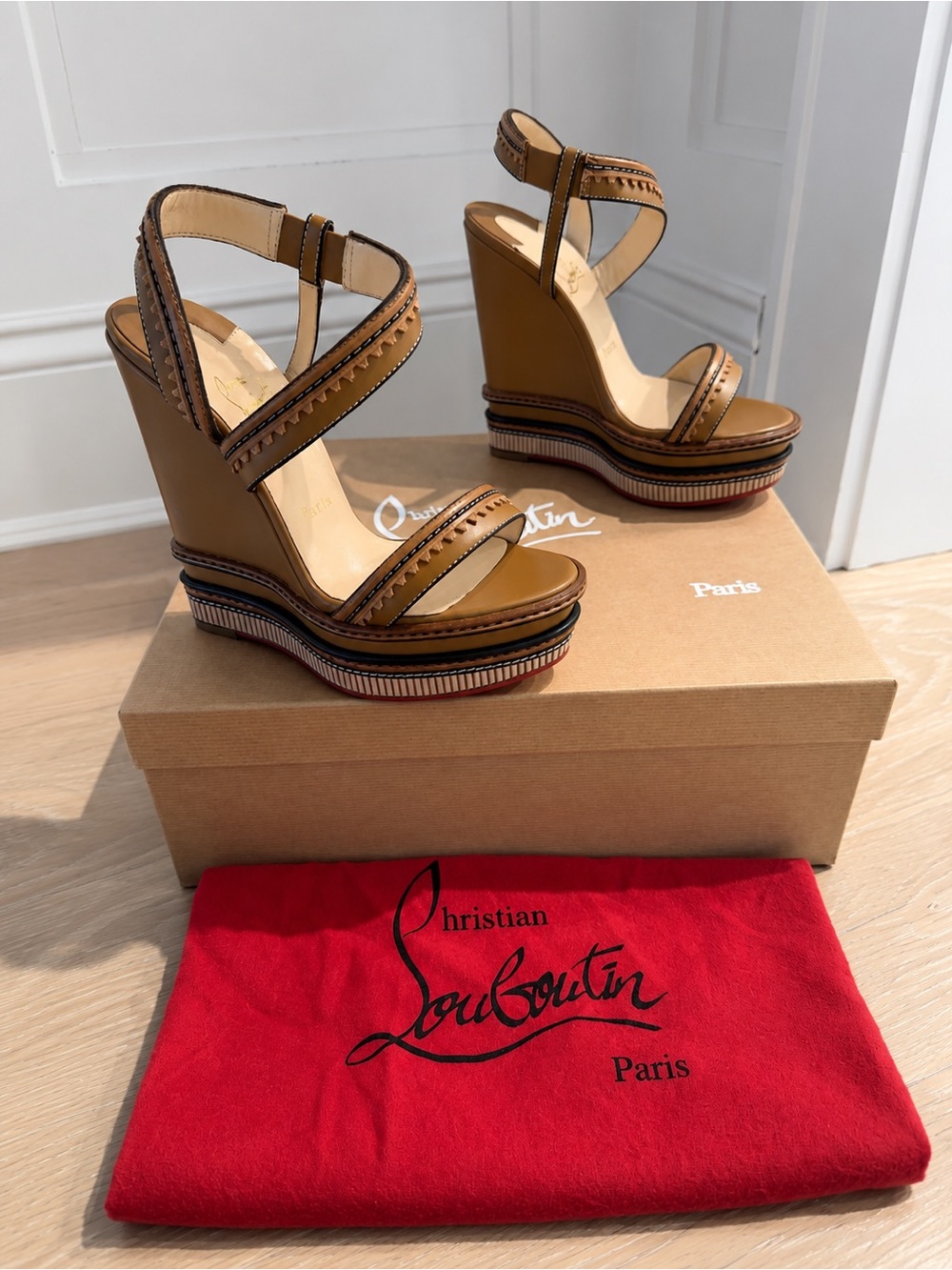 Authentic Christian Louboutin Trepi Heel 140 Calf Wedge Sandals